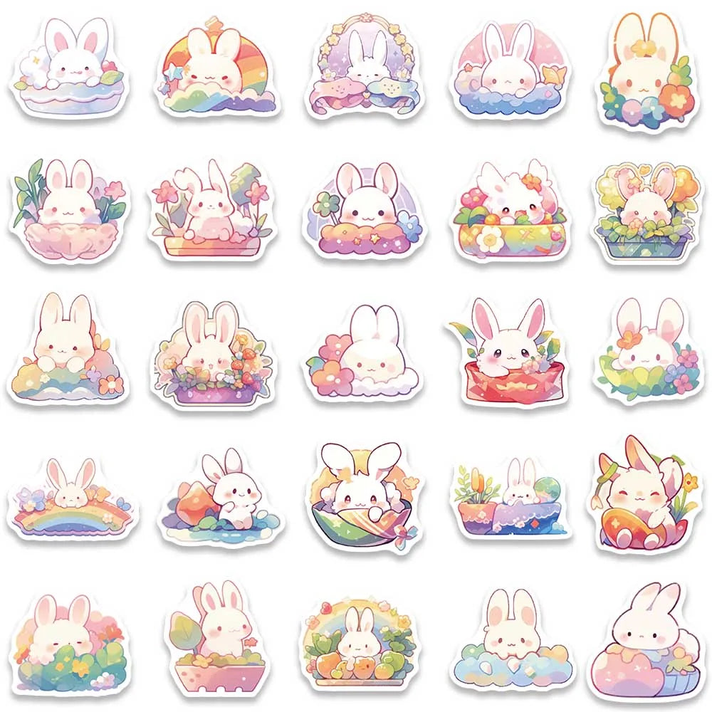 50pcs Cute Cartoon Rainbow Rabbite Animal Stickers For Laptop Phone Guitar Luggage Waterproof Graffiti Vinyl Car Decals
