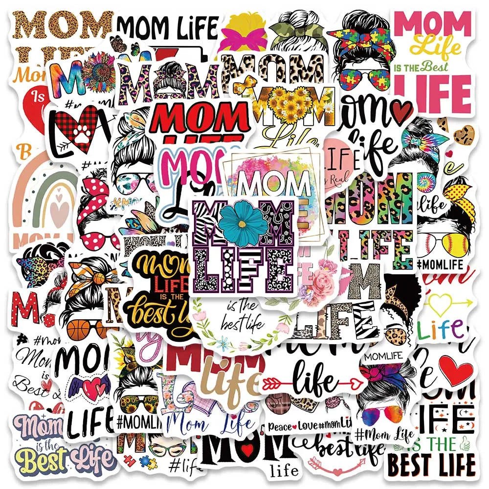 50PCS Mom Life Cartoon Waterproof Stickers for Suitcase, Notebook, Skateboard, Helmet, Bottle