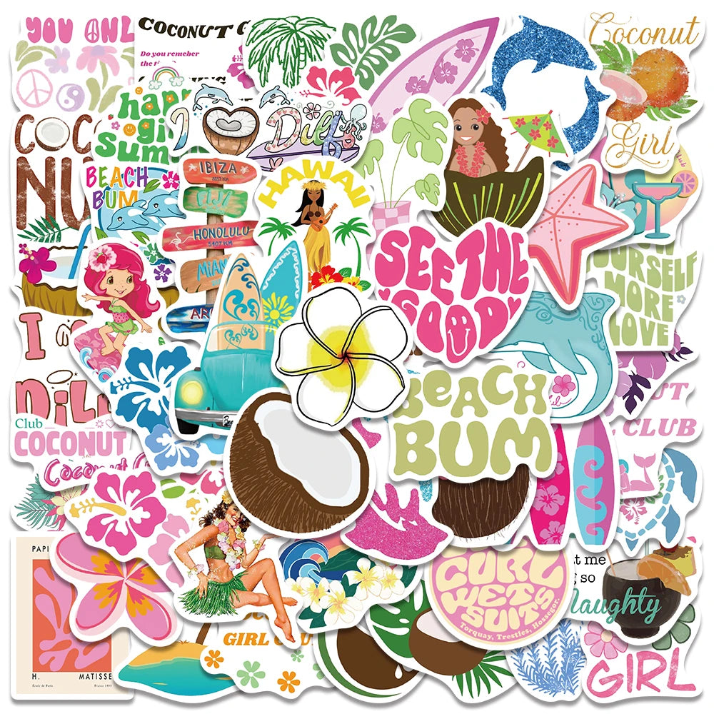 50PCS Coconut Girl Cute Cartoon Waterproof Stickers for Water Bottle, Skateboard, Phone, Suitcase, Party Decor
