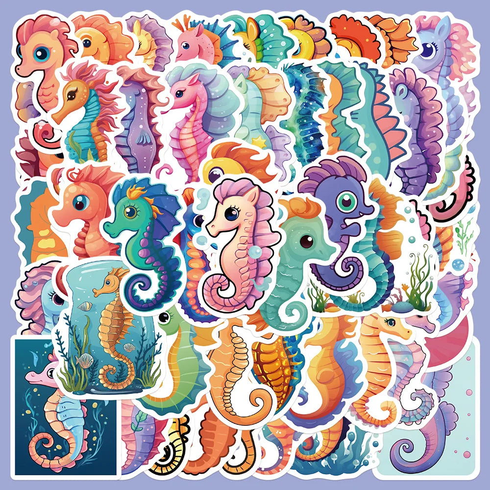 50pcs Cute Seahorse Graffiti Stickers for Helmet, Wall, DIY Decoration
