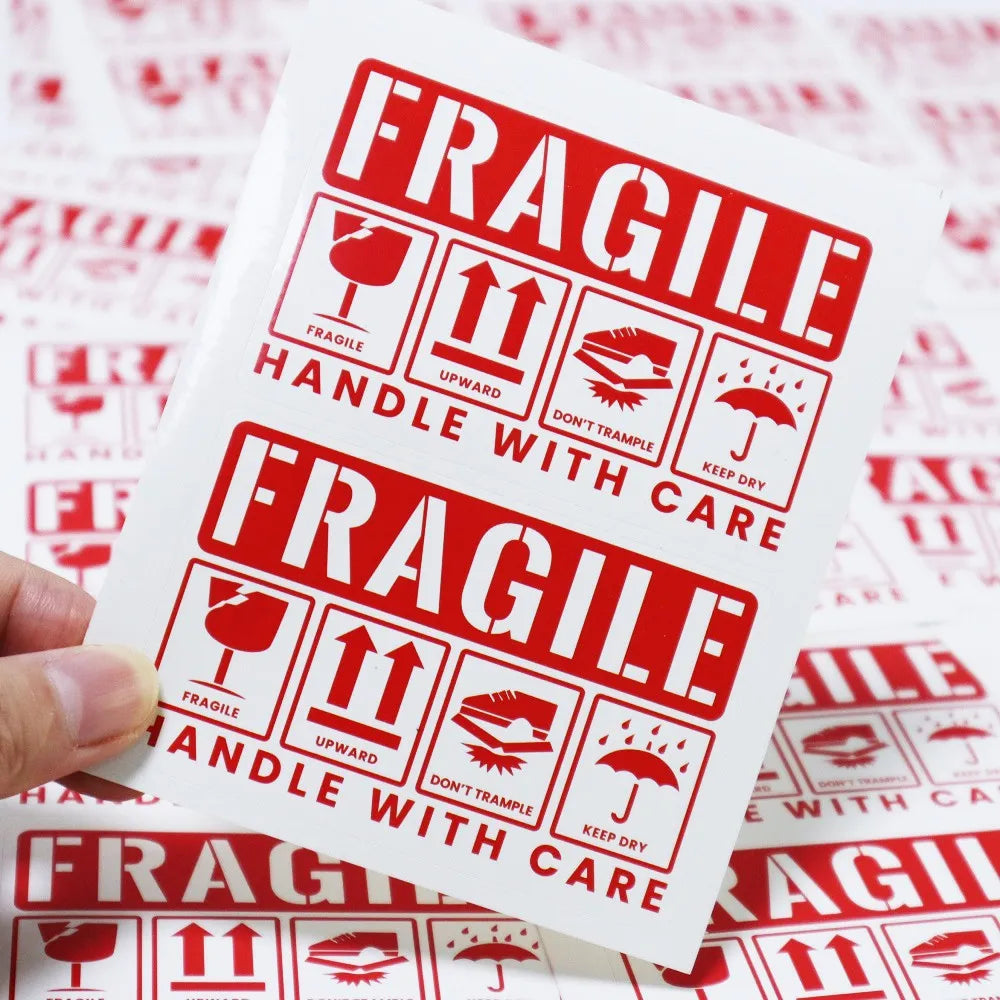 50pcs Red Fragile Warning Stickers 8x5cm "Handle With Care"