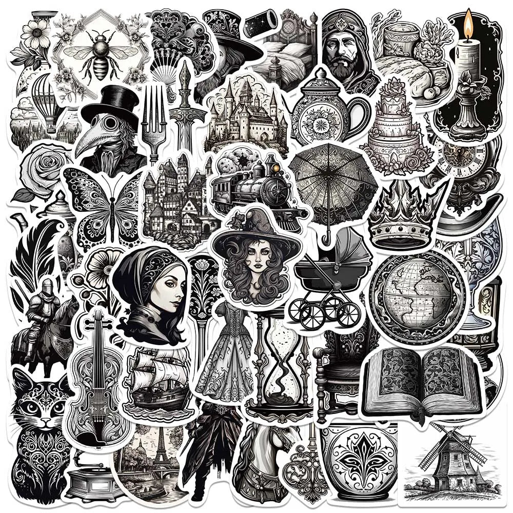 50PCS Vintage Medieval Black White Stickers Aesthetic Diary Scrapbook Laptop Phone Bottle