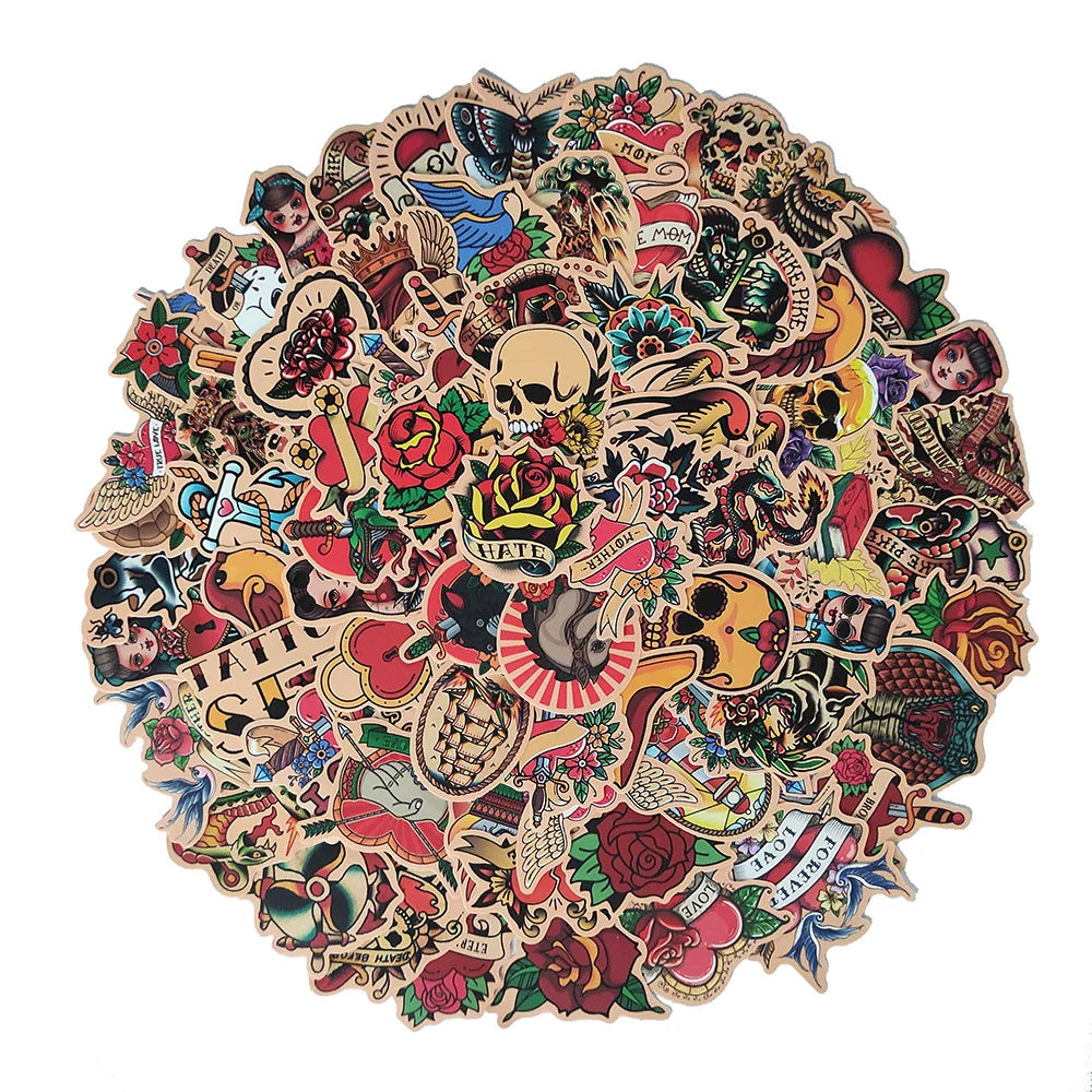 50/100Pcs Retro Old School Tattoo Style Sticker Refrigerator Skateboard Trolley Case Decals Backpack Tables Waterproof Sticker
