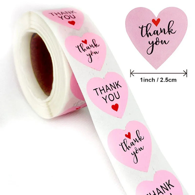 100-500PCS Heart Stickers Thank You Stickers for Business Merci Packaging Stickers Rolling Love for Packaging Decoration