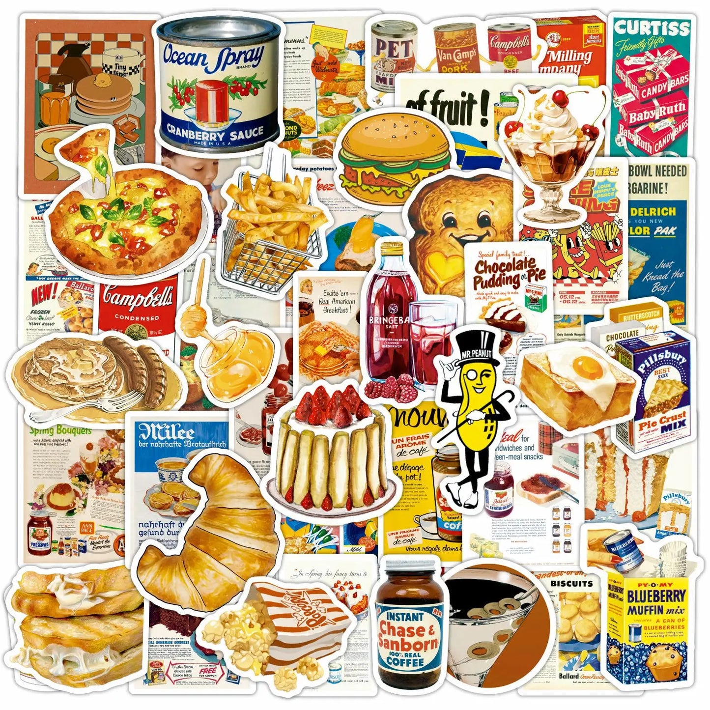 50pcs Retro Food Graffiti Stickers for Helmet, Wall, DIY Decoration with Storage Box