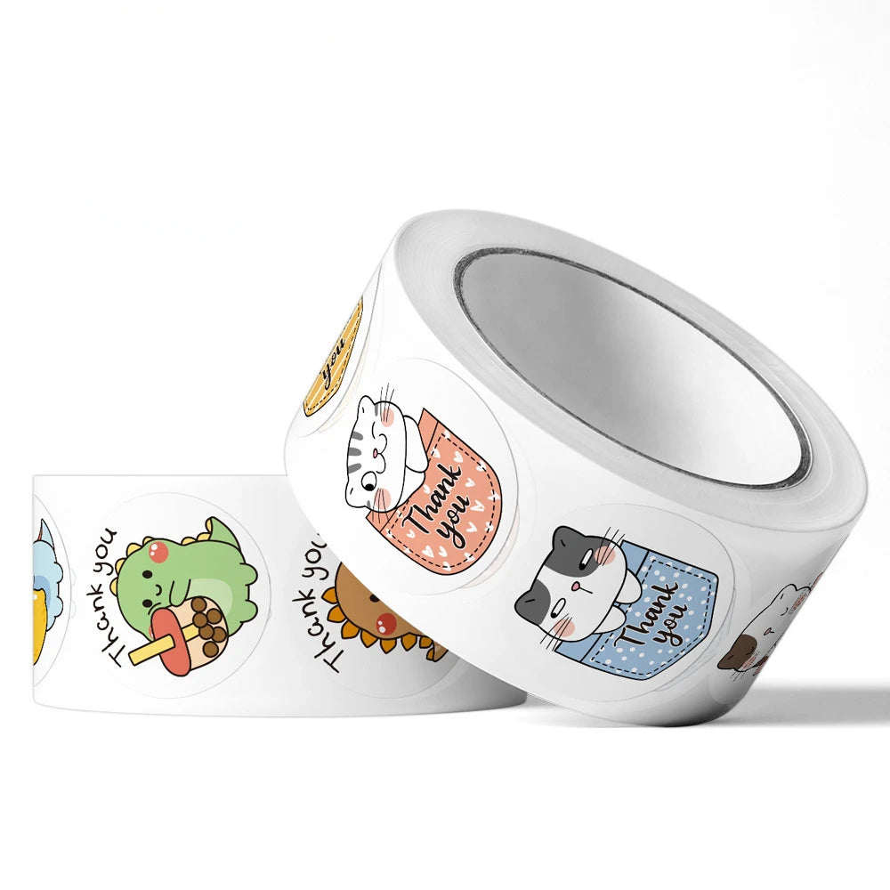 100-500Pcs 3cm Korean Cute Animal Thank You Stickers Roll for Envelope Student Kid Label Kawaii Stationery Sticker Seal Lable