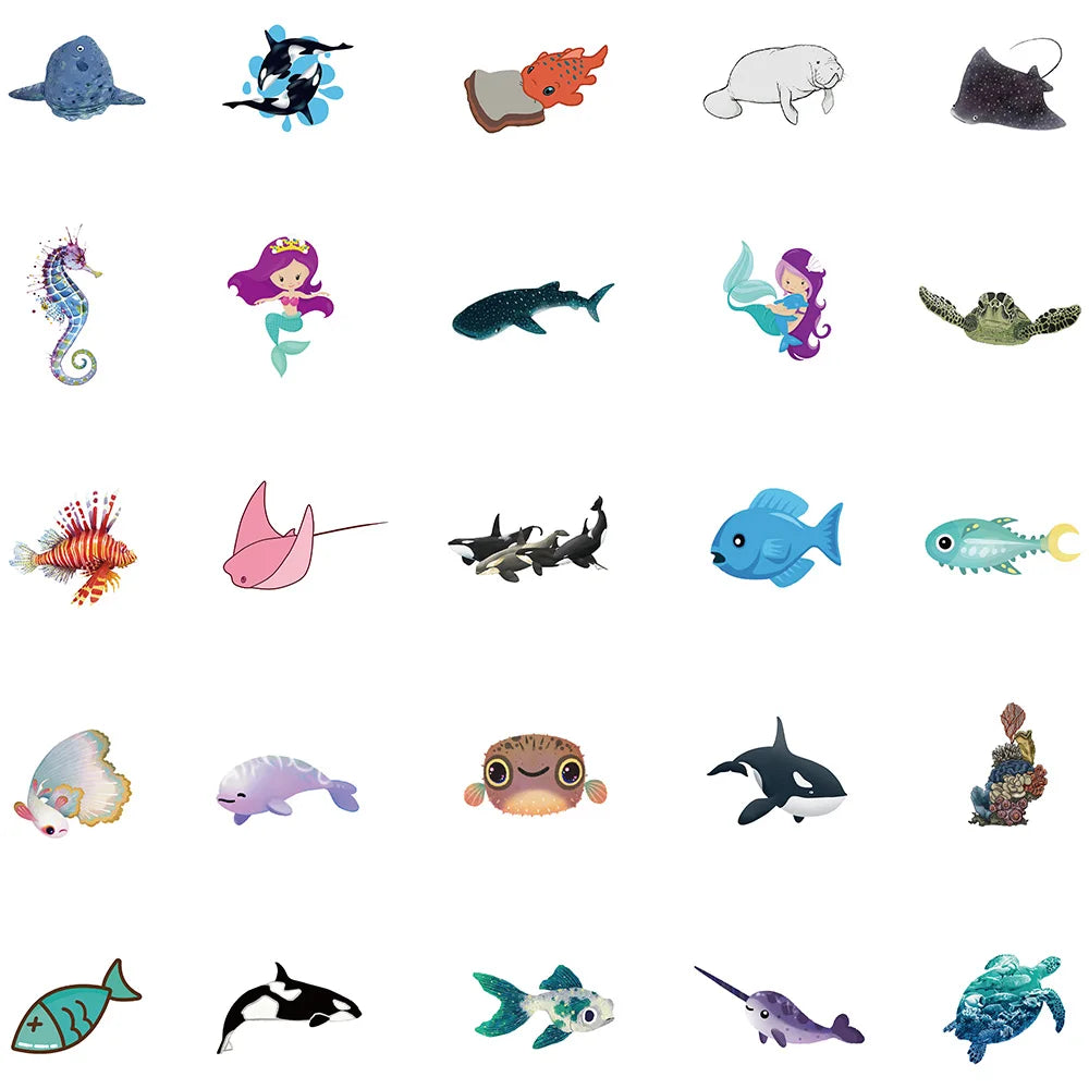 50pcs Cute Cartoon Ocean Series Animals Stickers For Luggage Laptop Guitar Skateboard Decor Waterproof Graffiti Car Decals