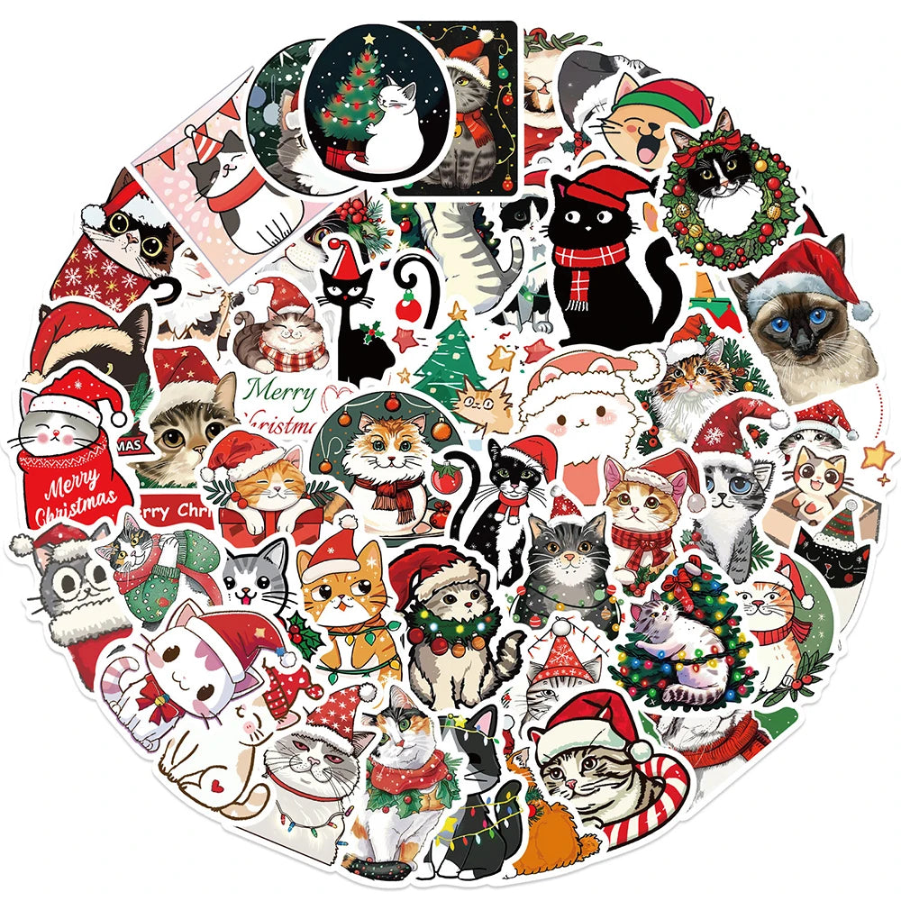 Christmas Cat Stickers 10/30/50pcs Waterproof Decals for Kids Laptop Phone Bike Suitcase