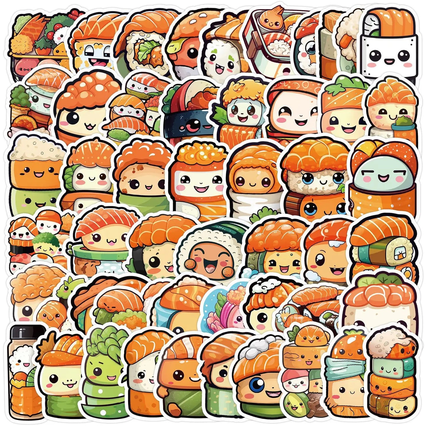 50pcs Kawaii Sushi Cartoon Stickers for Helmet, Wall, DIY Decoration