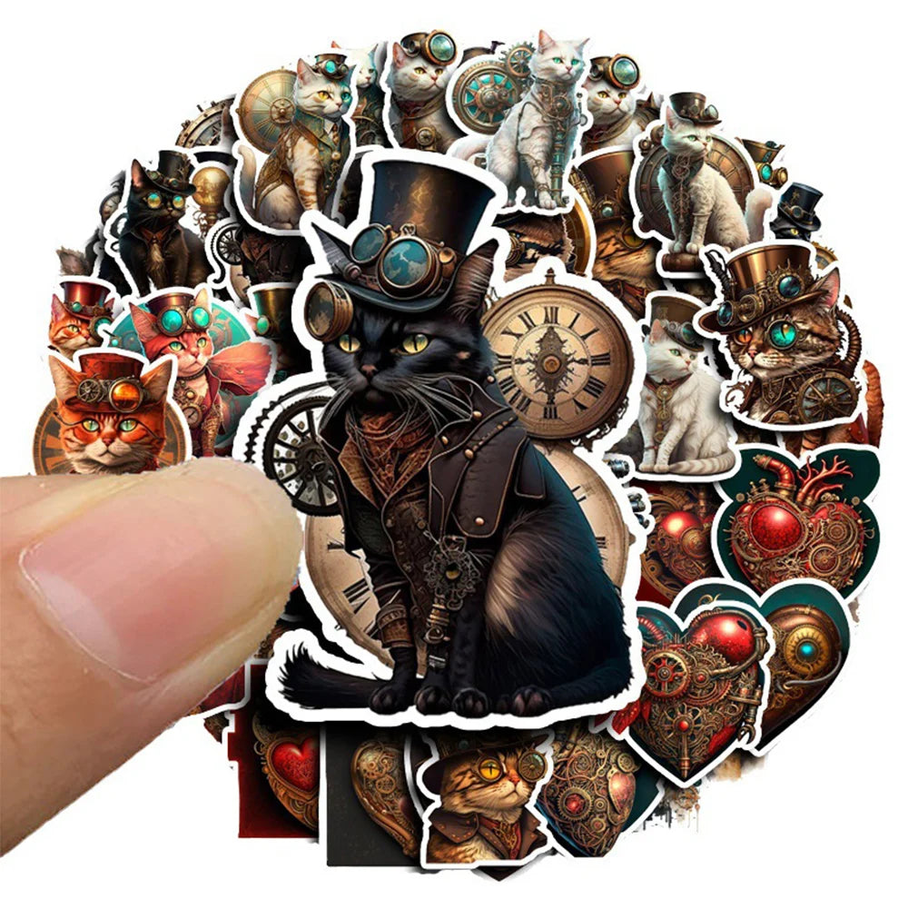 10/30/50pcs Vintage Steampunk Cat Sticker Packs