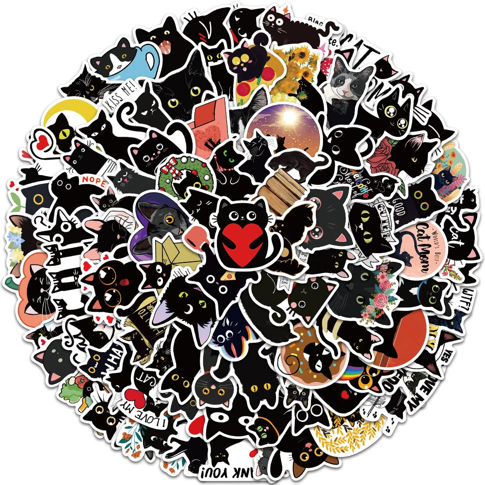50/100pcs Cute Cartoon Black Cat Animal Stickers For Kids Waterproof Graffiti Phone Guitar Water Bottle Laptop Decals