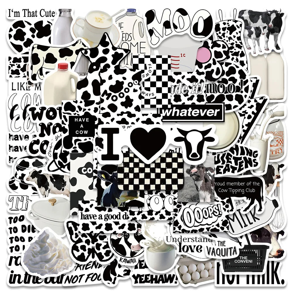 65PCS Black White Check Cow Stickers Aesthetic Car Motorcycle Luggage Guitar Skateboard Decals