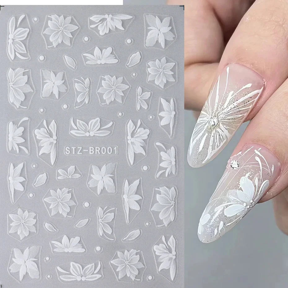 3D White Flower Nail Art Stickers Floral Adhesive Decals DIY Charms