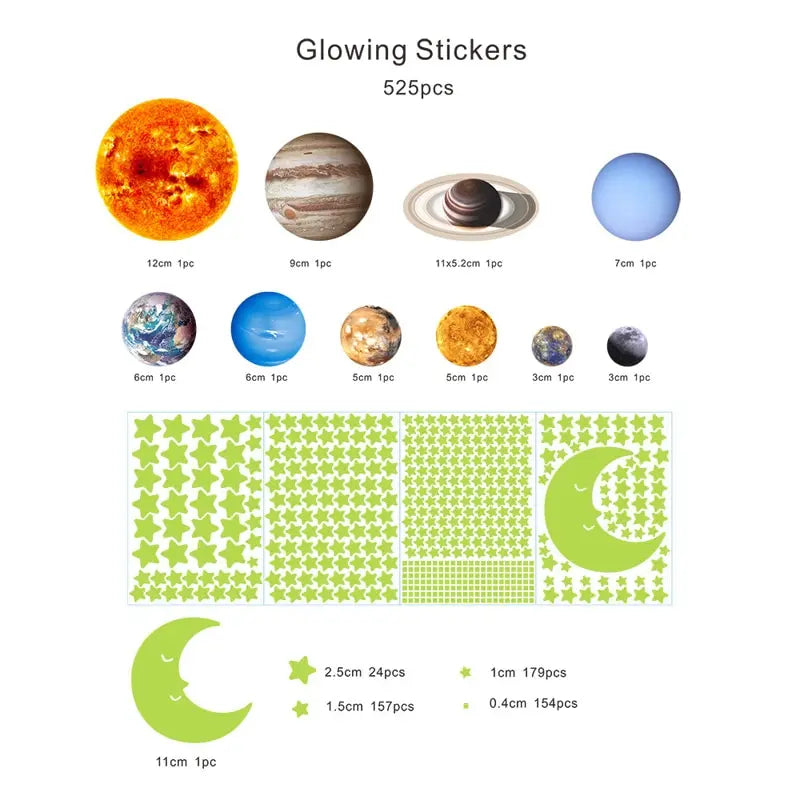 525PCS Glow in the Dark Nine Planets Wall Stickers for Kids Bedroom Decor
