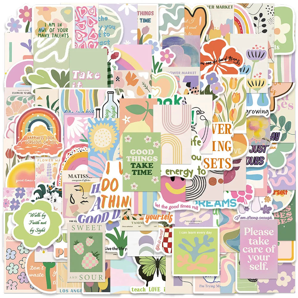 50/100pcs Cute Cartoon Aesthetic Flowers Danish Pastel Stickers Water Bottle Decals Laptop Luggage Skateboard Vinyl Car Stickers