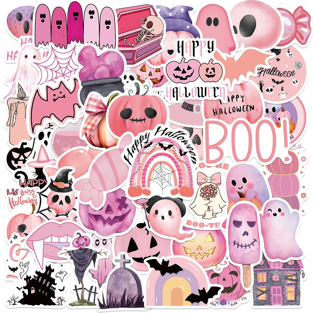 50pcs Cute Halloween Stickers for Journal, Suitcase, Skateboard, Guitar, Helmet, Car - Waterproof, Cartoon, Pink