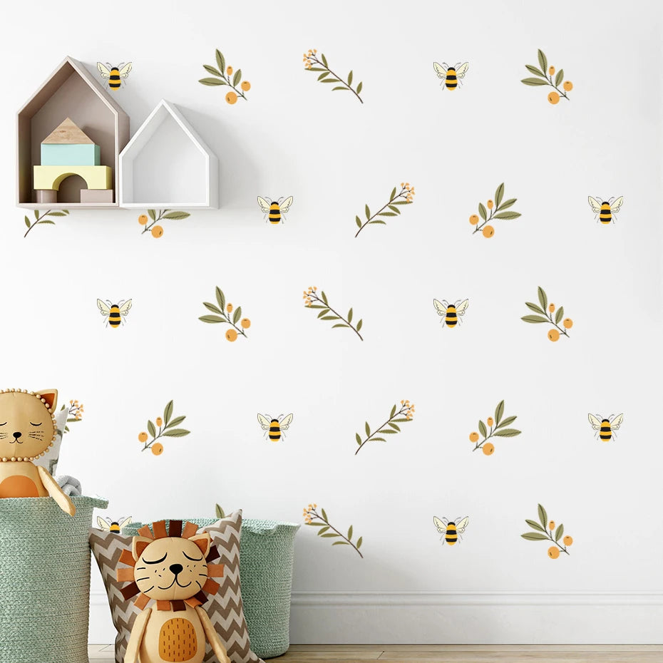 Boho Botanical Wall Decals: Floral Bee Vinyl Stickers for Kids Room Decor