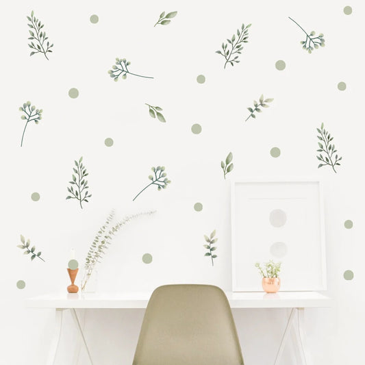 Green Leaves Watercolor Vinyl Wall Decals for Nursery and Living Room Decor