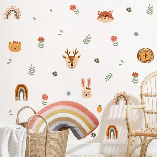 Watercolor Cute Animal Rainbow Nursery Wall Decals Stickers Boys Room Decor