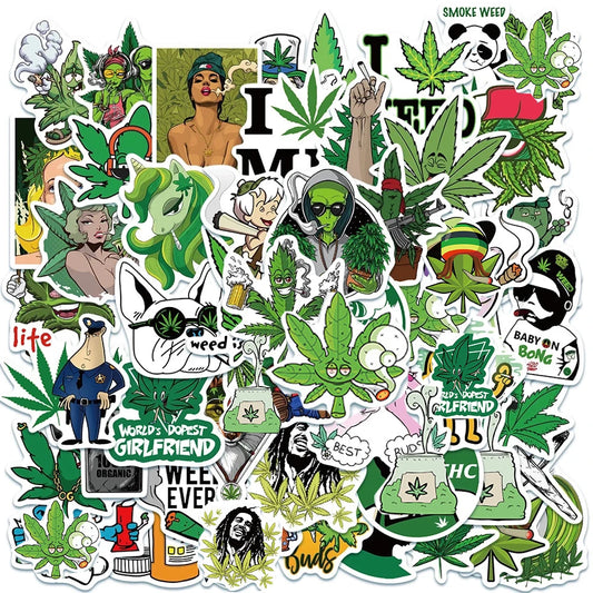 Hemp Leaf Stickers 10/30/50PCS Waterproof Laptop Skateboard Guitar Luggage Bike Decals