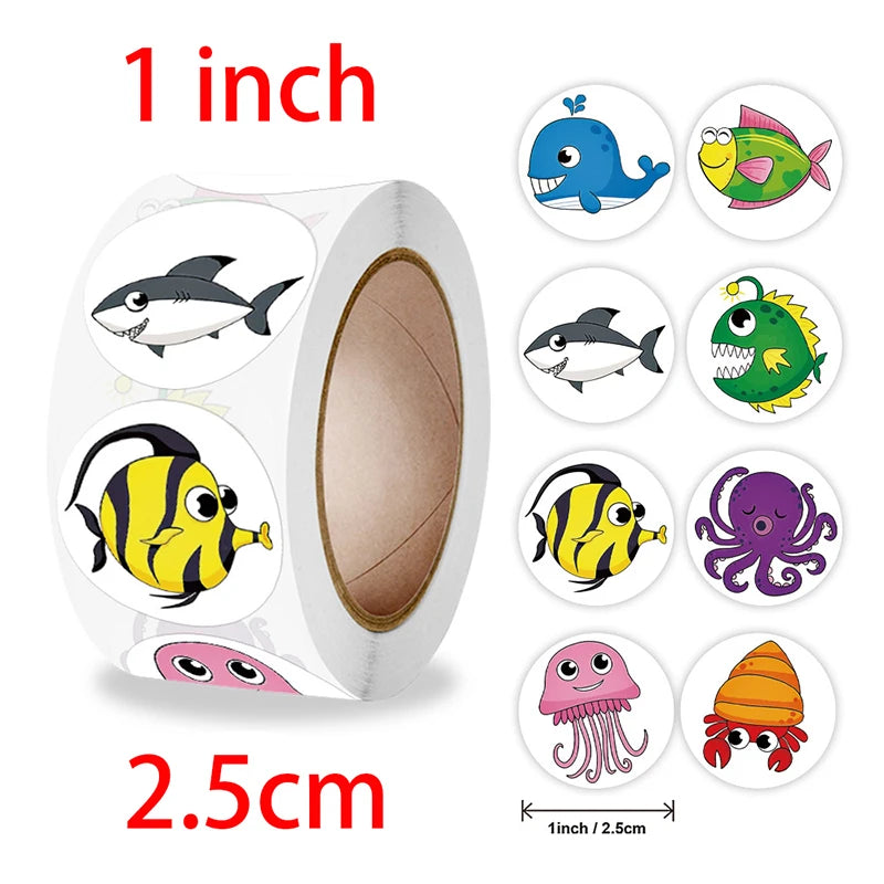 500/1000pcs Reward Stickers Children Kids Cartoon Zoo Farm Ocean Animals Learnging Euducation Scrapbook Sticker Roll Labels Gift