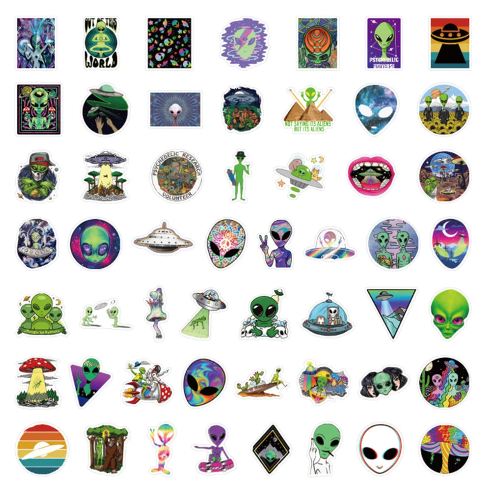 10/30/50pcs Psychedelic Alien Cool Graffiti Stickers Decals Kids Toy Luggage Laptop Phone Guitar Car Wall DIY Waterproof Sticker