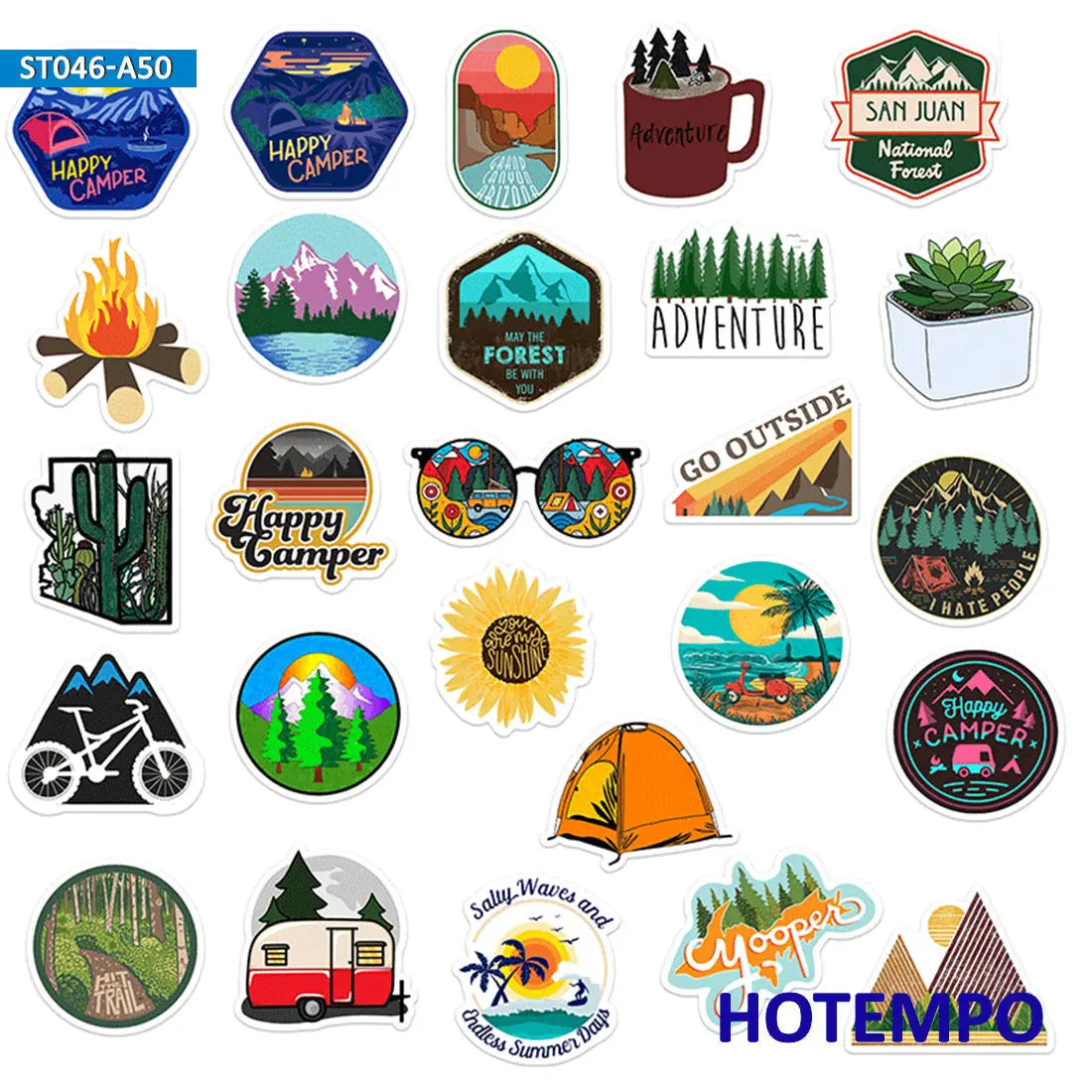 50pcs Travel Hiking Outdoor Surfing Wild Adventure Outside Camping Decal Stickers Pack for Phone Laptop Luggage Bike Car Sticker