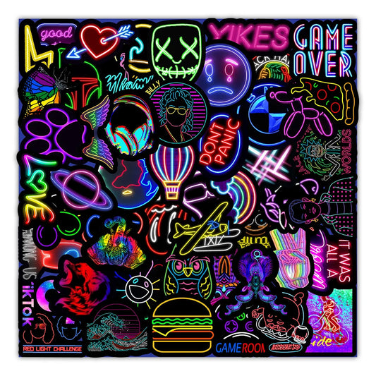 Cartoon Neon Light Graffiti Stickers for Car, Guitar, Motorcycle, Luggage, Suitcase, DIY Toy Decals (10/30/50PCS)