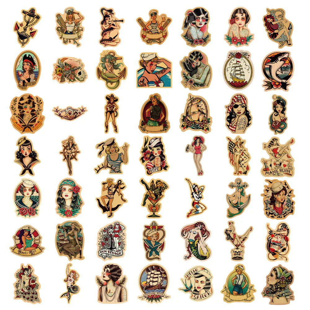 10/30/50/100pcs Retro Old School Tattoo Style Stickers  Skateboard Car Phone Bike Laptop Luggage Sexy Girl Waterproof Sticker