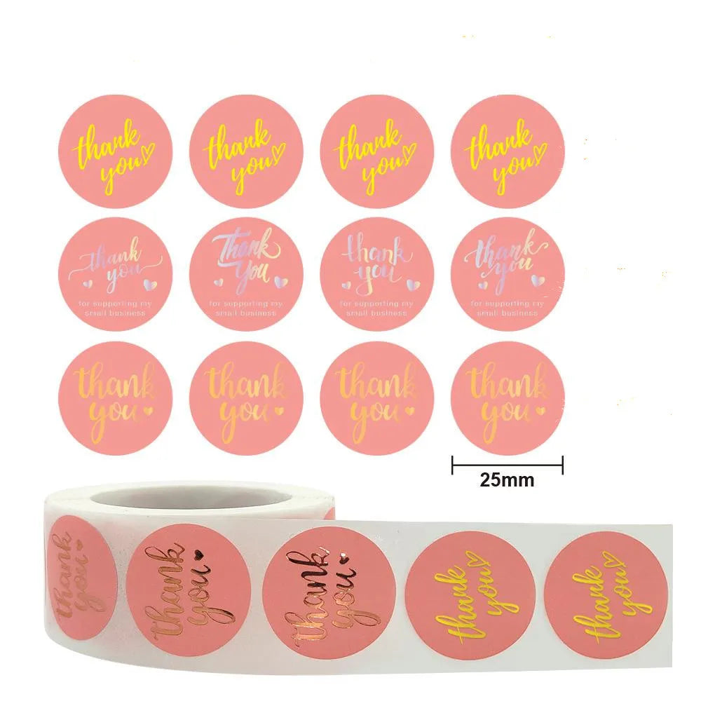 500 Pcs/roll Pink Hot Stamping Thank You Sealing Sticker Self-adhesive Film Sticker A Roll Of Various Hot Stamping Sticker