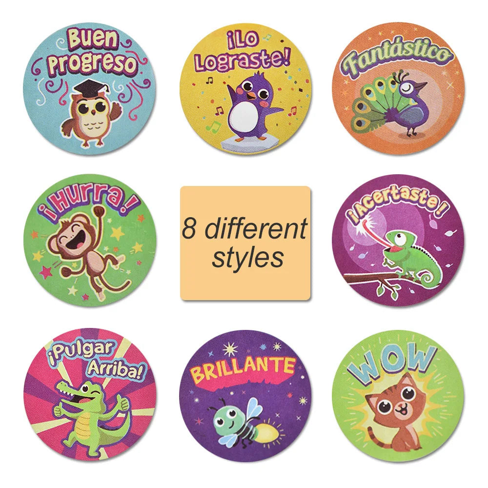 100-500pcs Spanish Reward Stickers Encouragement Sticker Roll For Kids Motivational Stickers With Cute Animals For Students