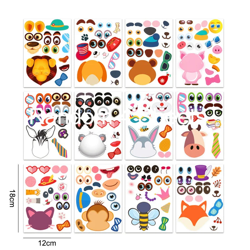12 Sheets Animal Make-a-Face Stickers Kids DIY Educational Toy