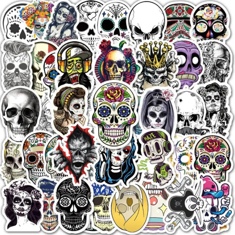 10/30/50pcs  Halloween Horror Skull Graffiti Waterproof Skateboard Travel  Retro  Decals  Stickers Suitcase Phone Laptop Luggage