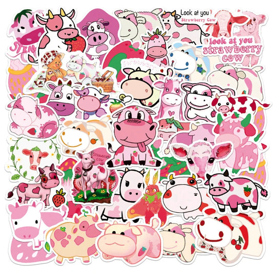 Kawaii Pink Strawberry Cow Stickers for Skateboard, Guitar, Laptop, Luggage, Phone - 10/30/50PCS
