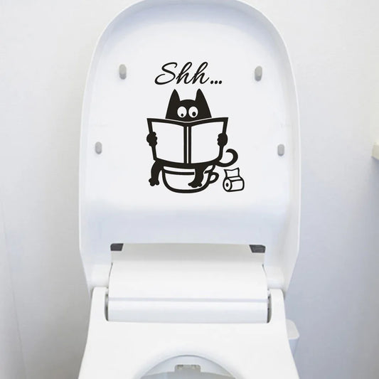 Cute Cartoon Cat Shh Toilet Stickers Diy Bathroom Door Toilet Seat Decorative Decal Funny Decor Poster Removable Vinyl Mural Art