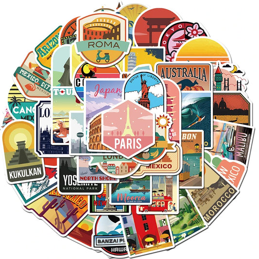 Travel City Landscape Sticker Set - Waterproof Decals for Laptop, Motorcycle, Skateboard, Notebook (10/30/50pcs)