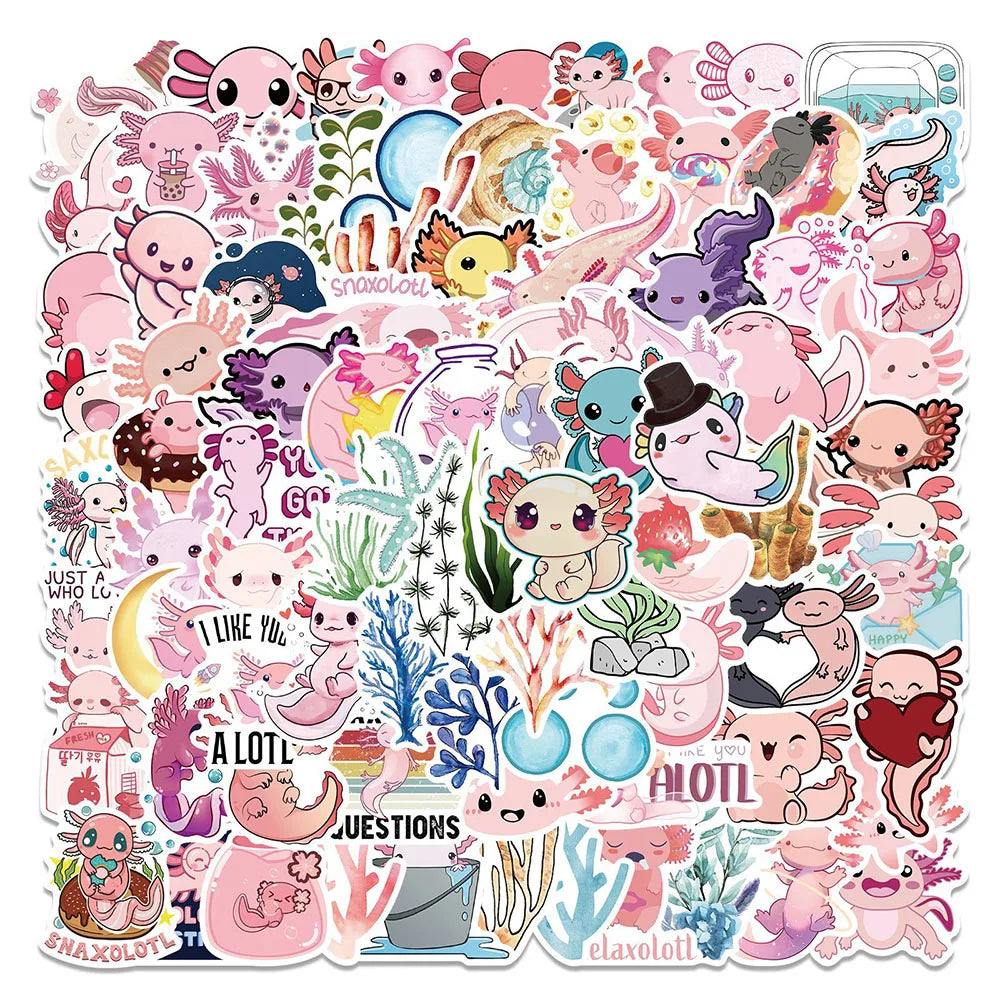 Axolotl Cartoon Stickers Pack - Water Bottle, Phone, Laptop, Scrapbook Decals