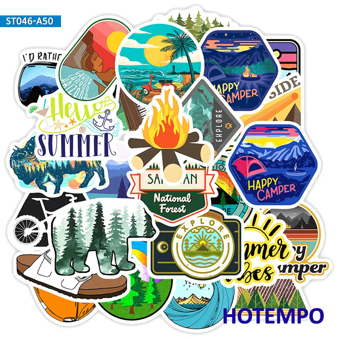 50pcs Travel Hiking Outdoor Surfing Wild Adventure Outside Camping Decal Stickers Pack for Phone Laptop Luggage Bike Car Sticker