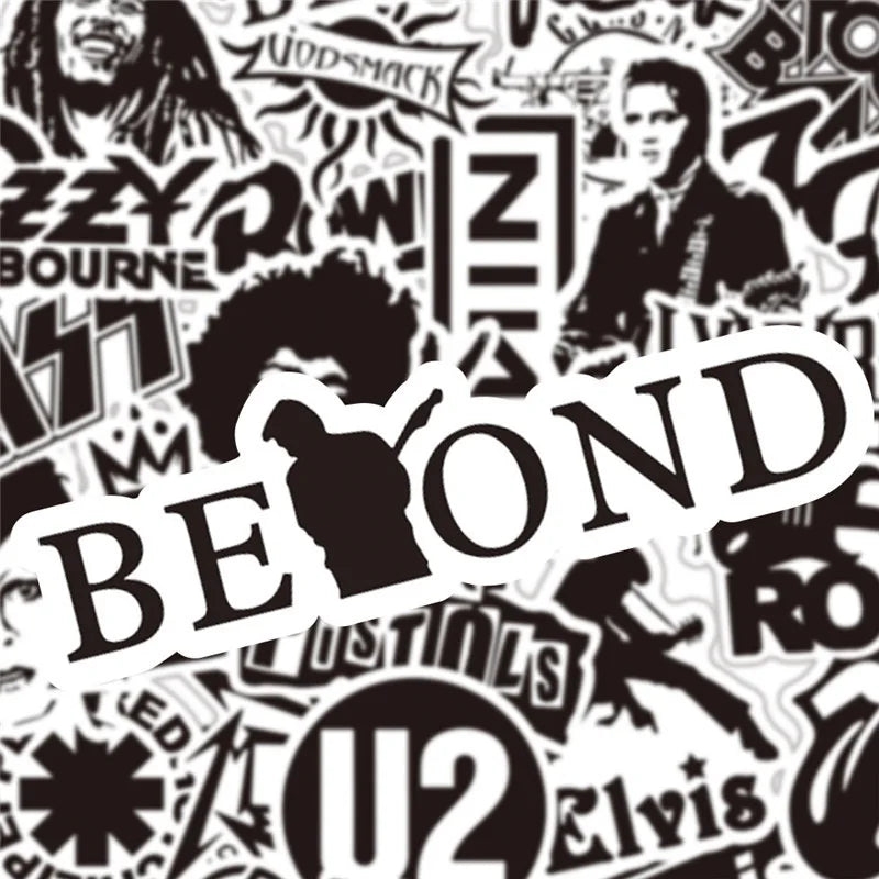 10/30/50PCS Cool Black and White Rock Band Logo Waterproof Stickers Decals Skateboard Guitar Motorcycle Phone Graffiti Sticker