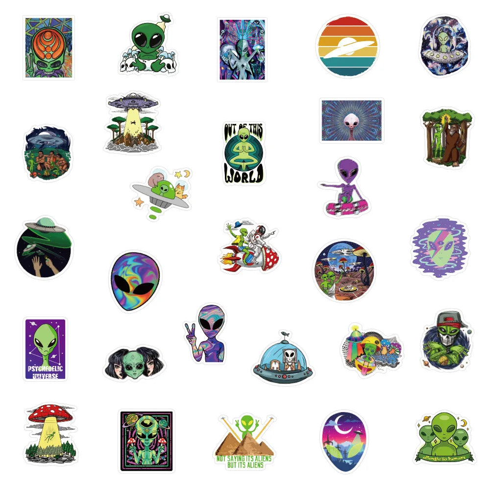 10/30/50pcs Psychedelic Alien Cool Graffiti Stickers Decals Kids Toy Luggage Laptop Phone Guitar Car Wall DIY Waterproof Sticker