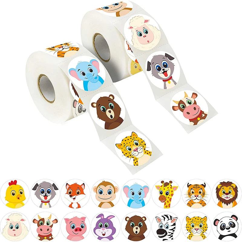 500/1000pcs Reward Stickers Children Kids Cartoon Zoo Farm Ocean Animals Learnging Euducation Scrapbook Sticker Roll Labels Gift