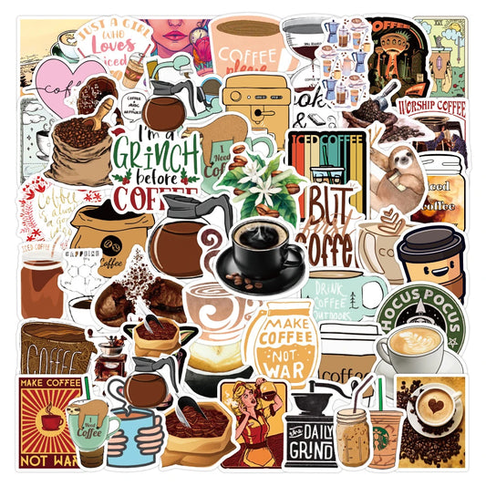 Cute Coffee Cartoon Stickers Pack - Waterproof Laptop Guitar Luggage Phone Decals