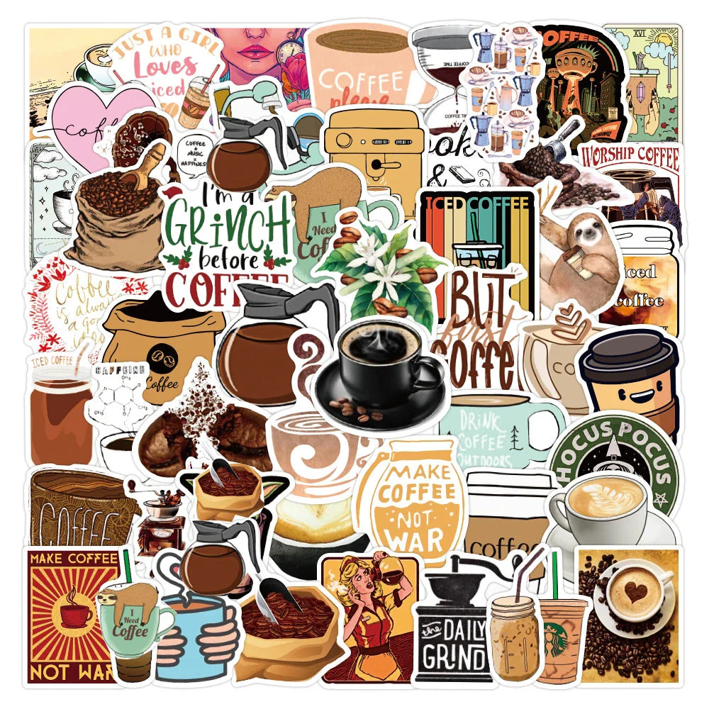 Cute Coffee Cartoon Stickers Pack - Waterproof Laptop Guitar Luggage Phone Decals
