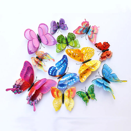 12pcs 3D Butterfly Wall Stickers - Double Layer, Mixed Colors, Magnet Fridge Decals, Home & Wedding Decor