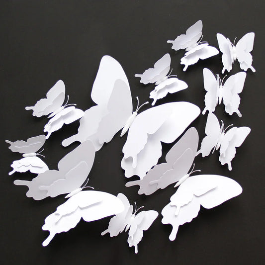 3D White Butterfly Wall Stickers Set - 12pcs Double Layer, 18cm, Magnetic Decor