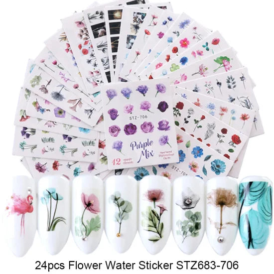 24 Spring Nail Water Stickers - Flowers, Leaves, Graffiti, Summer Bloom, 3D Manicure
