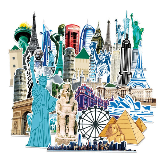 World Landmark Stickers Decal Set for Luggage, Laptop, Guitar, Skateboard, Car