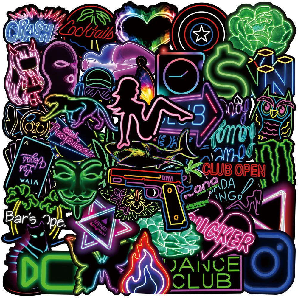 50PCS Cute Anime Animal Neon Stickers for Laptop Phone Guitar Fridge Car