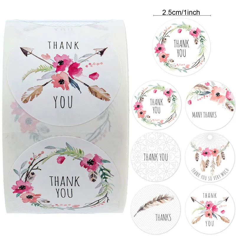 500pcs Round Pink Flowers Pattern Thank You Stickers Seal Labels Christmas Stickers School Teacher Reward Stationery Sticker