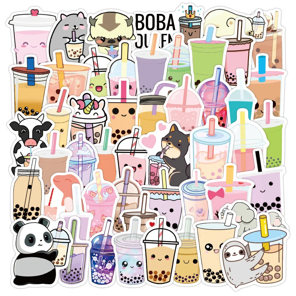 Cute Animal Milk Tea Stickers Pack - Phone Laptop Luggage Bike Decals
